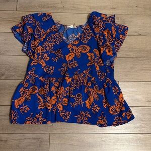 Entro small Womens Blue & Orange Floral Ruffle Sleeve Peplum Top
